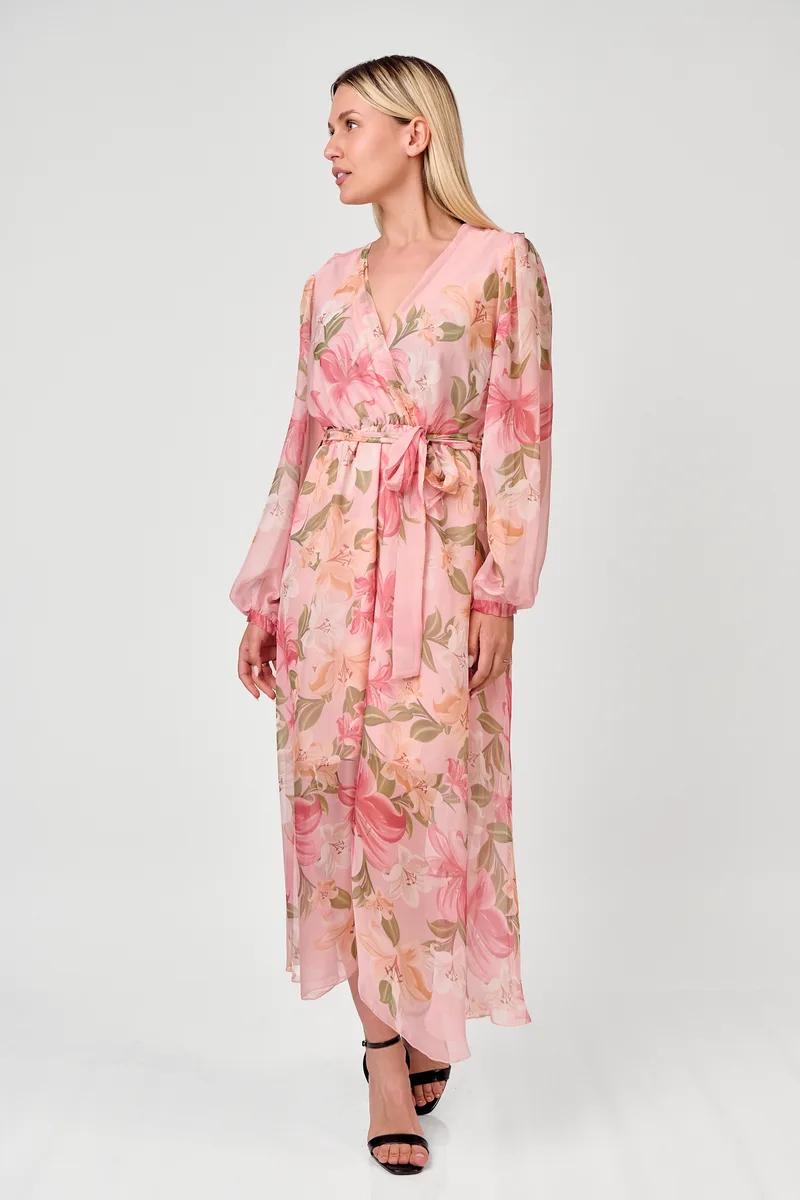 Maxi Φόρεμα Floral Με Ζώνη Σε Ροζ Χρώμα Ροζ