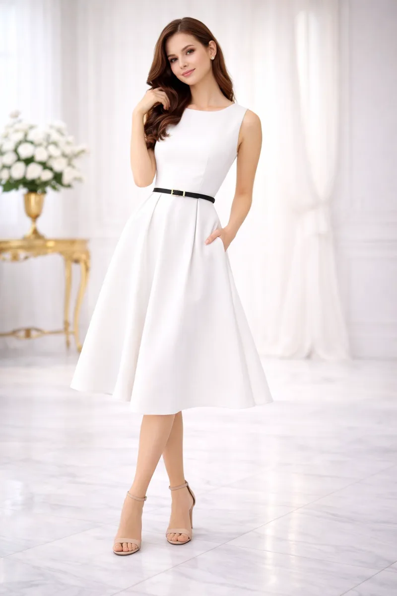 Άσπρο Midi Φόρεμα σε Α-Γραμμή με Ζώνη | Dress Up Άσπρο