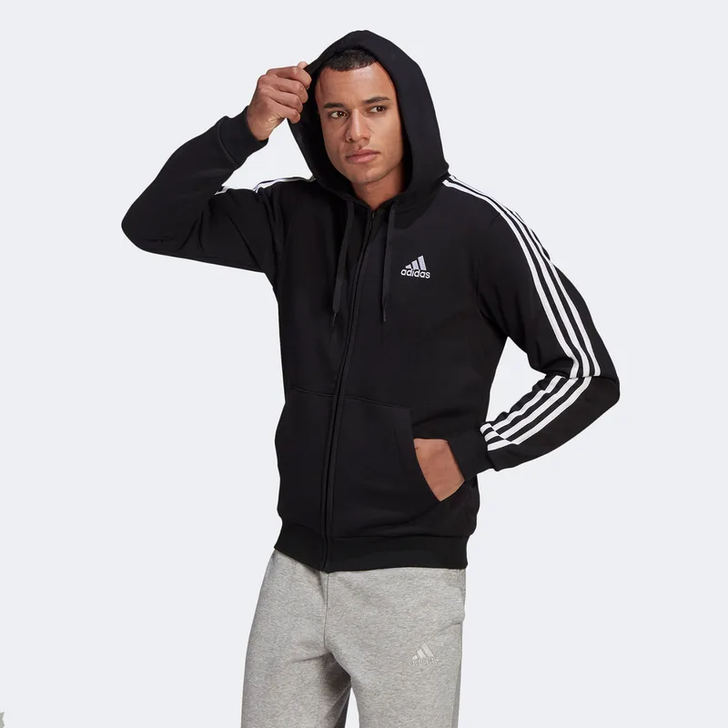 ADIDAS ESSENTIALS FLEECE 3-STRIPES FULL-ZIP HOODIE ΜΑΥΡΟ