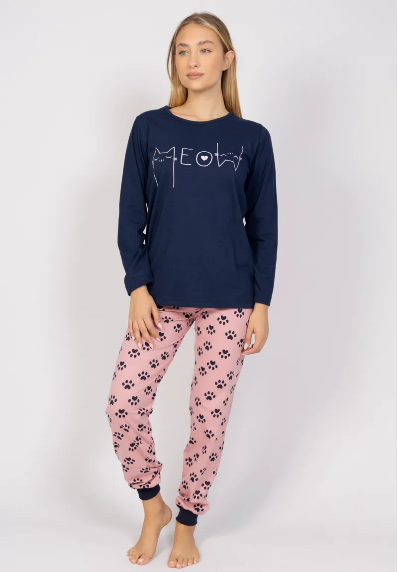 Πιτζάμα γυναικεία Meow Blue & Ροζ Cherry CHR24545-Μπλε