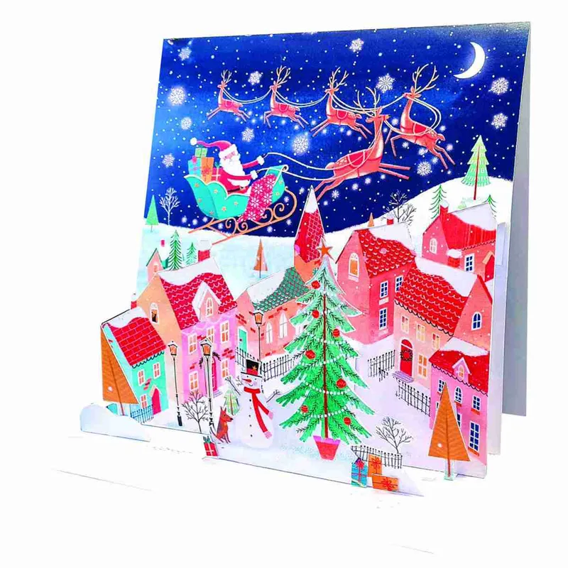 Pictura Xmas 3D Αναδυόμενη Κάρτα Ο Άγιος Βασίλης πάνω από το Χωριό