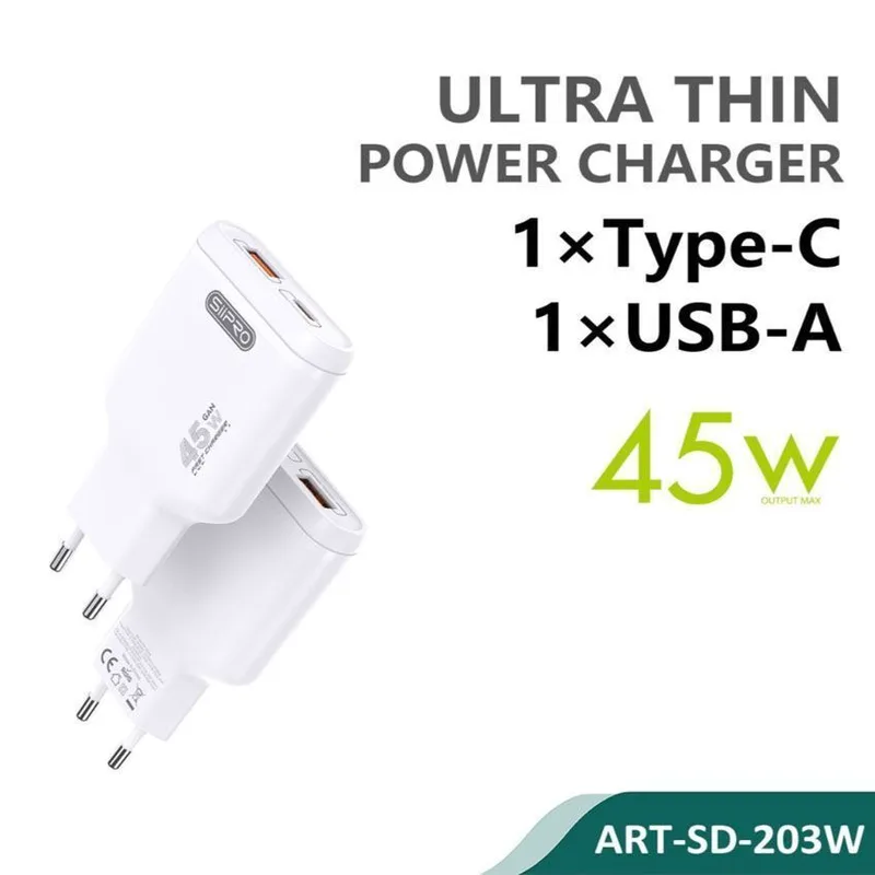 Siipro Wall Charger 1x USB 1x USB Type-C 45W White (SD-203W)