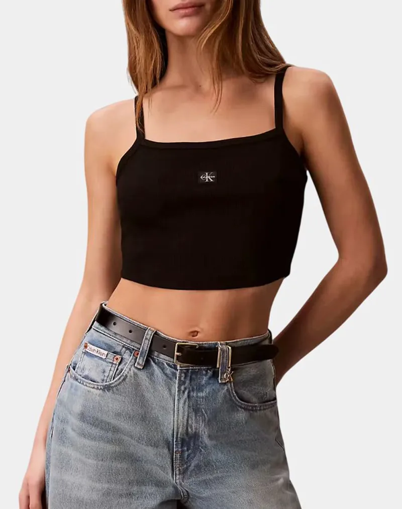CALVIN KLEIN JEANS SL WOVEN LABEL 2X2 BABY RIB CROP LV047F221G-UB1 Black