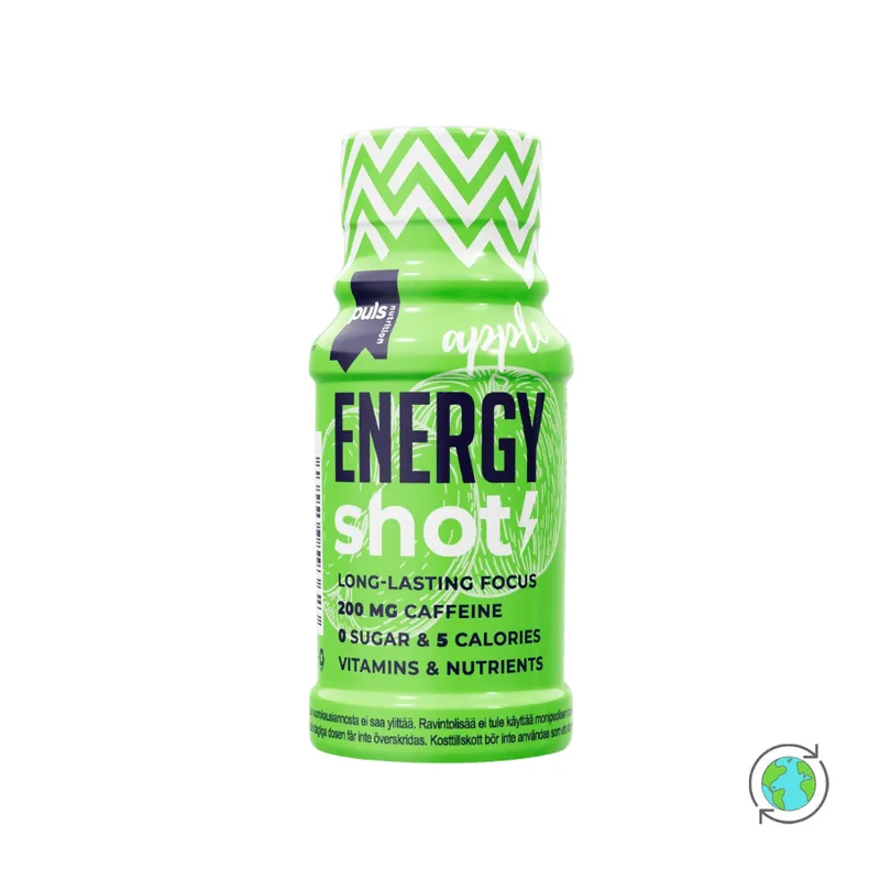 Shot Ενέργειας με γεύση Πράσινο Μήλο - Puls Nutrition - 60ml Φινλανδία No Sugar Added Gluten Free