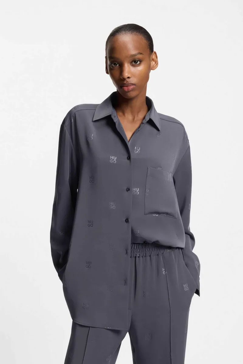 Hugo Boss γυναικείο πουκάμισο oversized με logo print "Elodina" - 50553192 Γκρι Σκούρο