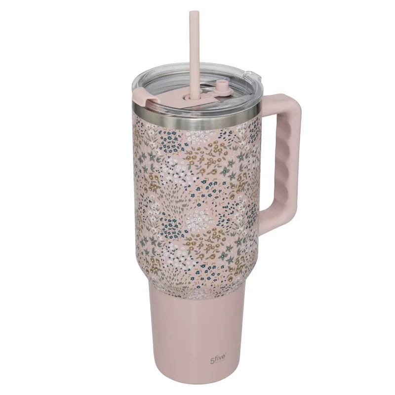 5Five Θερμός Ποτήρι Ανοξείδωτο Με Λαβή Ροζ Flower 1.2lt