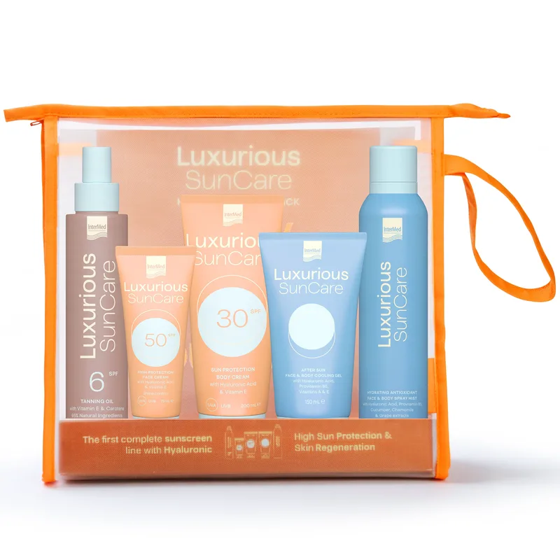 Luxurious Promo Sun Care High Protection Pack Body Cream Spf30, 200ml & Face Cream Spf50, 75ml & Tanning Oil Spf6, 200ml & Hydrating Face, Body Mist 200ml & After Sun Face & Body Gel 150ml