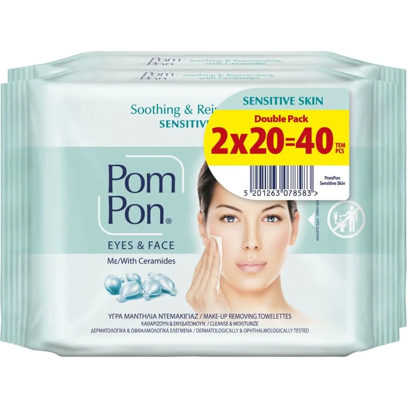 Pom Pon Υγρά Μαντήλια Ντεμακιγιάζ Sensitive Skin Eyes & Face Ceramides 2*20τεμ