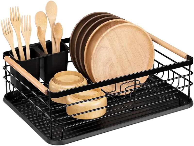 Navaris Dish Drainer Rack - Μεταλλική Πιατοθήκη / Στραγγιστήρι με Ξύλινες Λαβές - Black (52545.02)