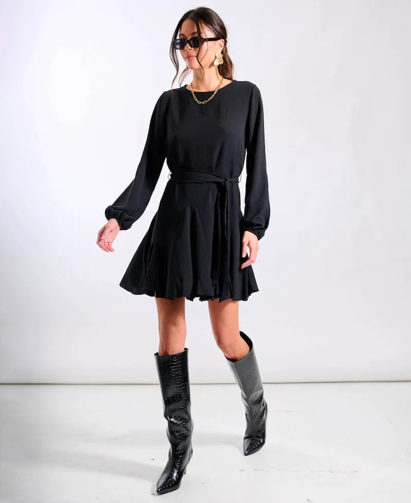 Black Crepe Belted Fit and Flare Dress | Clothing Size: 14