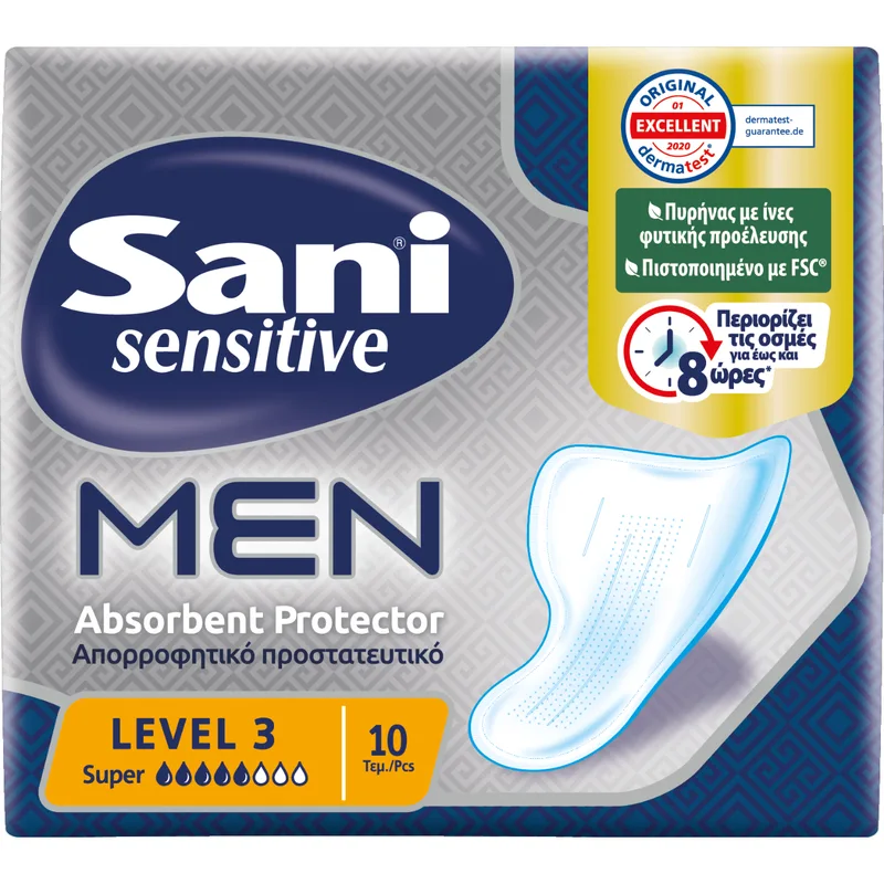 Sani Sensitive Men Absorbent Protector Λεπτό & Διακριτικό Επίθεμα Ακράτειας για Άνδρες 10 Τεμάχια - Level 3/ Super