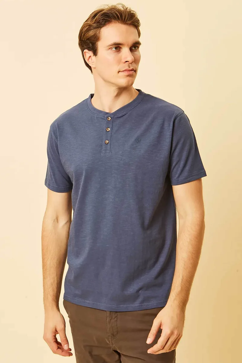 DORS ανδρική μπλούζα henley με κεντημένο λογότυπο Regular Fit - 1140021.C01 Μπλε Σκούρο