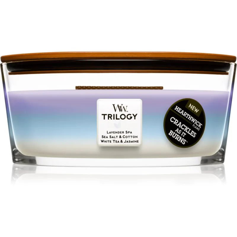 Woodwick Trilogy Calming Retreat αρωματικό κερί με ξύλινο φιτίλι (hearthwick) 453.6 γρ