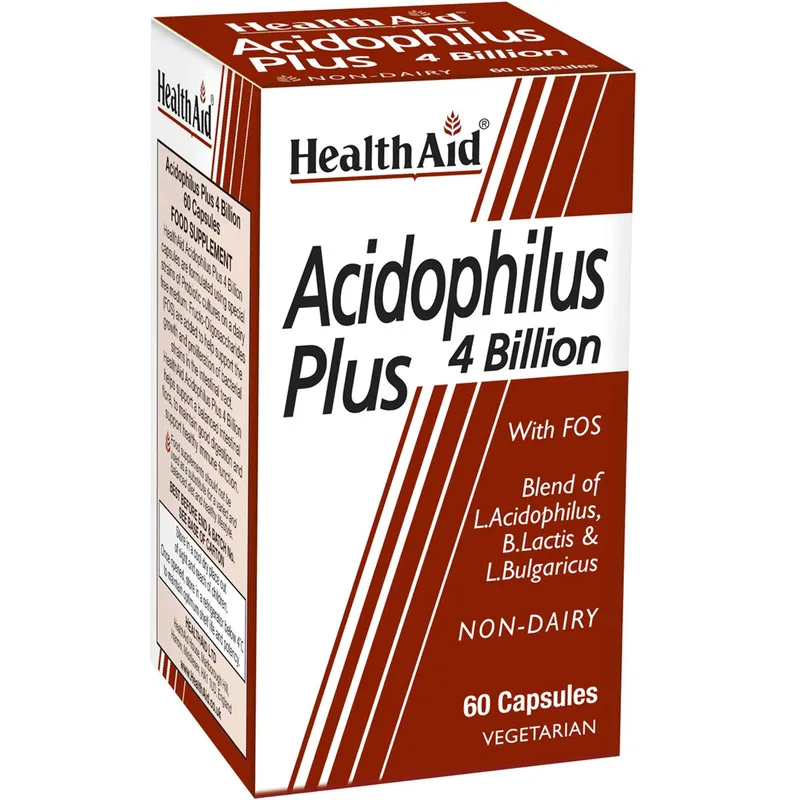 Health Aid Acidophilus Plus 4 Billion with FOS Συμπλήρωμα Διατροφής Τριών Προβιοτικών Στελεχών & Πρεβιοτικών (FOS) για την Καλή Λειτουργία του Γαστρεντερικού Συστήματος & Ισορροπία της Χλωρίδας του Εντέρου 60caps