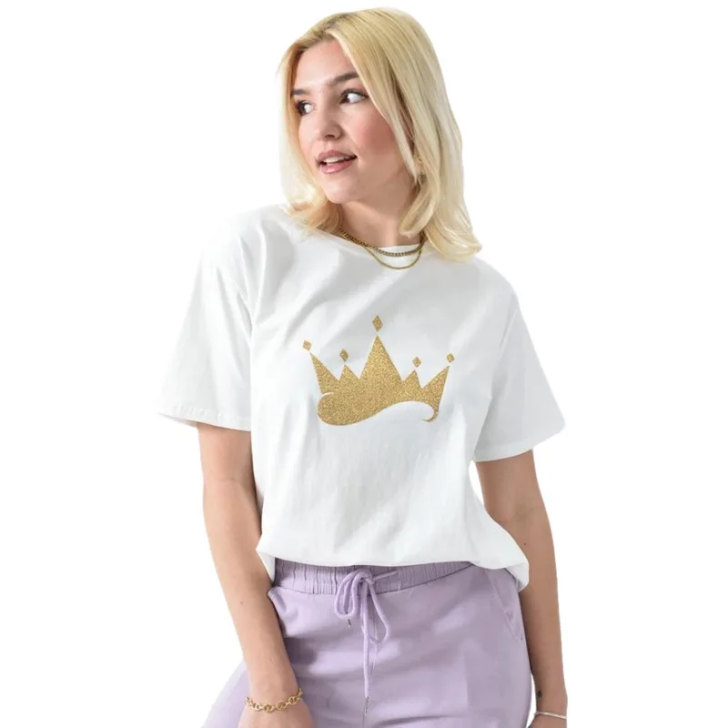 Γυναικείο T-shirt με χρυσό τύπωμα κορώνα Λευκό 26383