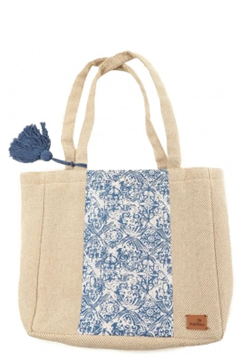 Τσάντα Ώμου Marilou Jute Cotton Woven Bag 50×35×26cm BDS-1199-NATURAL-BLUE Γυναικείο