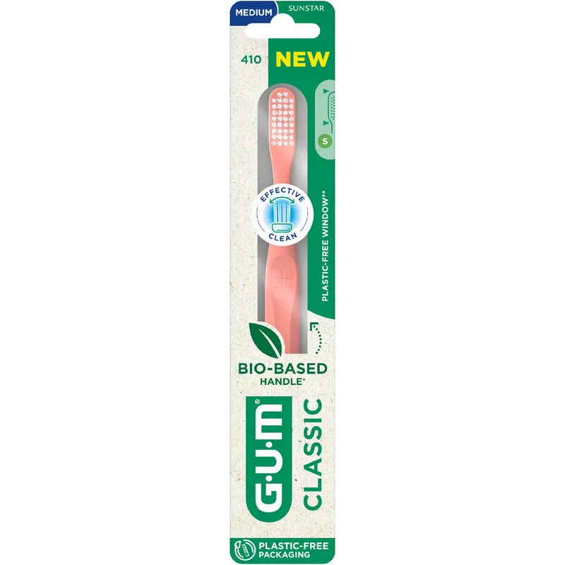 Gum Classic 410 Medium Toothbrush Μέτρια Οδοντόβουρτσα για την Καθημερινή Φροντίδα των Δοντιών & των Ούλων 1 Τεμάχιο - Ροζ