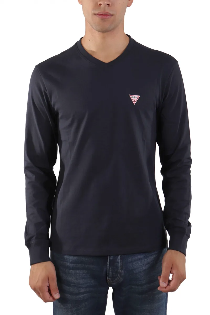 GUESS JEANS T-SHIRT VNECK SLIM FIT LOGO ΜΑΥΡΟ