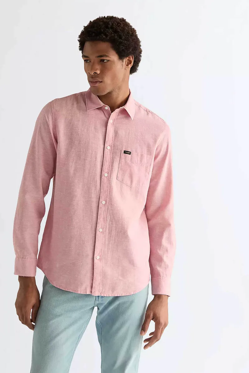 Wrangler® ανδρικό πουκάμισο με λινάρι και τσέπη Regular Fit - 112378038 Ροζ