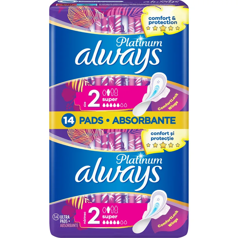 Always Platinum Sanitary Towels with Comfort Lock Wings Size 2 Σερβιέτες Μεγάλου Μεγέθους με Φτερά για Άνεση & Προστασία 14 Τεμάχια