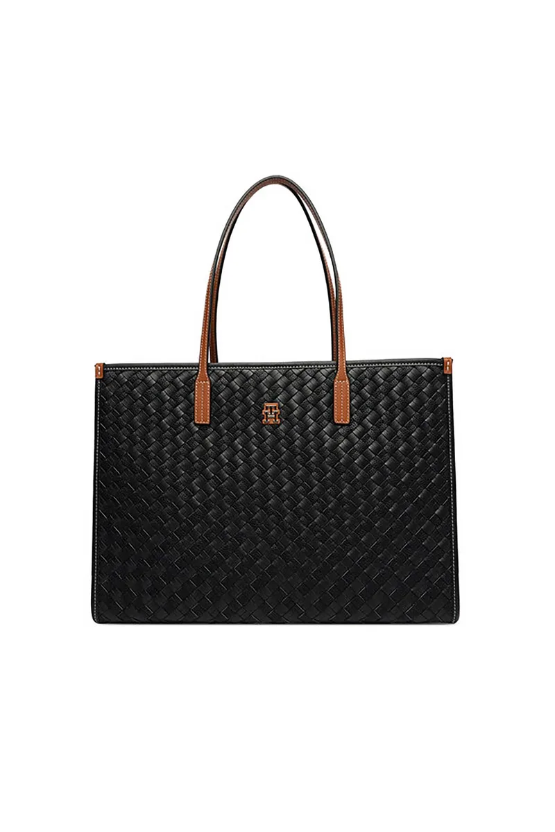 Tommy Hilfiger γυναικεία τσάντα tote με μεταλλικό monogram και πλεκτό σχέδιο "TH City" - AW0AW18394 Μαύρο