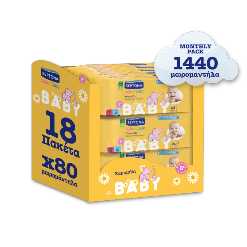 Μωρομάντηλα Septona Calm n Care Χαμομήλι ΧΩΡΙΣ ΚΑΠΑΚΙ Monthly Pack 1440τμχ (18x80)