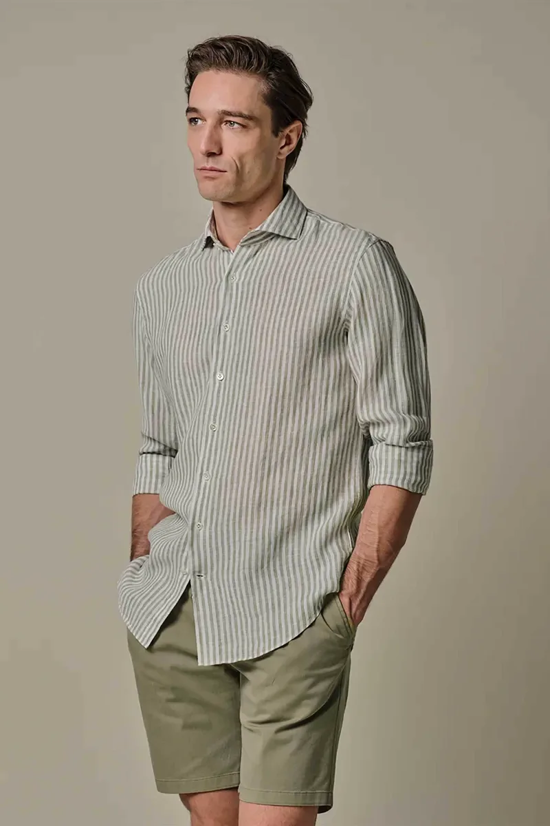 Profuomo ανδρικό λινό πουκάμισο με ριγέ σχέδιο Slim Fit - PPXH10018D Πράσινο Ανοιχτό