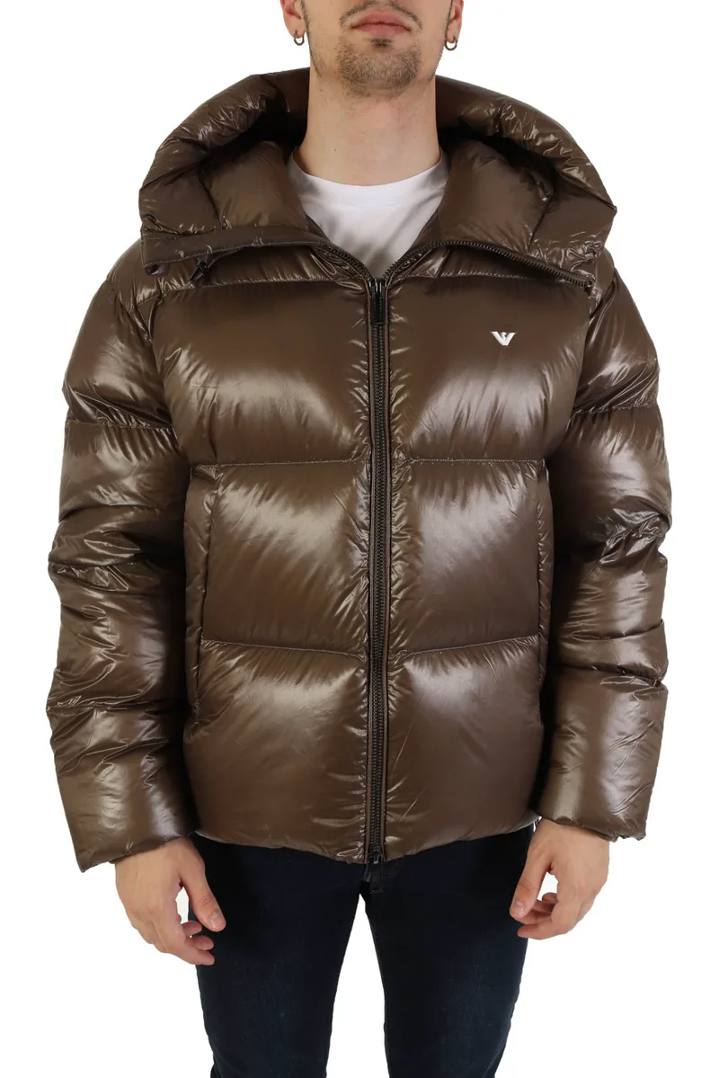 EMPORIO ARMANI ΜΠΟΥΦΑΝ PUFFER HOODIE LOGO ΓΚΡΙ-ΛΑΔΙ