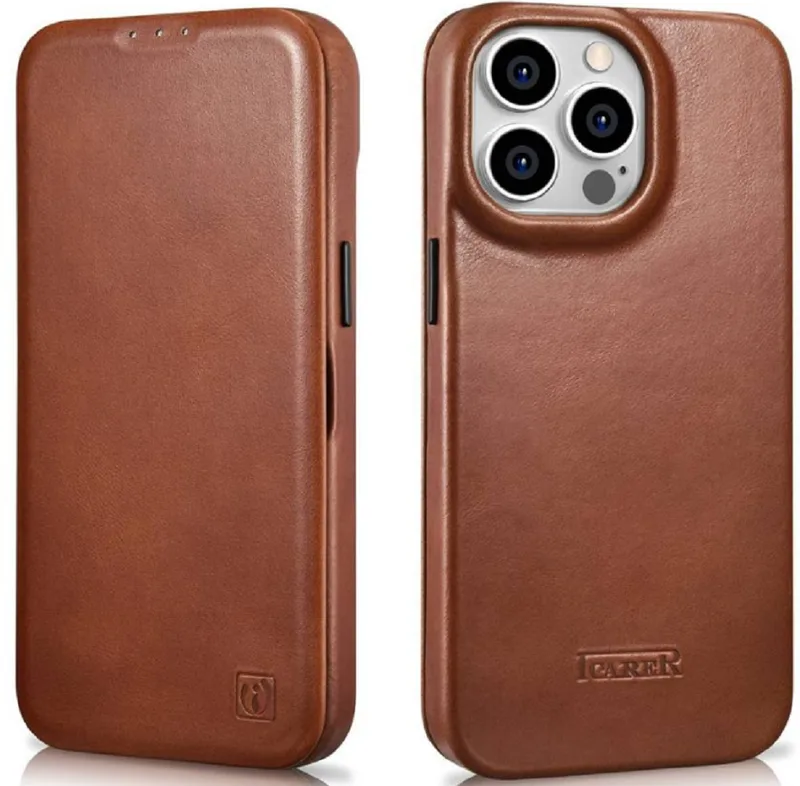 iCarer Curved Edge Oil Wax Leather Folio - Δερμάτινη MagSafe Flip Θήκη-Πορτοφόλι - Apple iPhone 14 Pro Max - Brown (AKI14220708-BN)