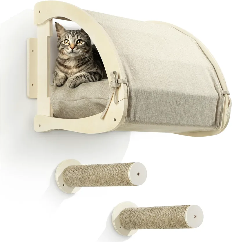 Navaris Wall-Mounted Cat Hideout - Σετ Επιτοίχιο Κρεβάτι / Κρησφύγετο / Αιώρα με Μαξιλάρι για Γάτες με 2 Σκαλοπάτια από Ξύλο Πεύκου & Ύφασμα Λινό - 43 x 39 x 40 cm - Μπεζ (61950.11)