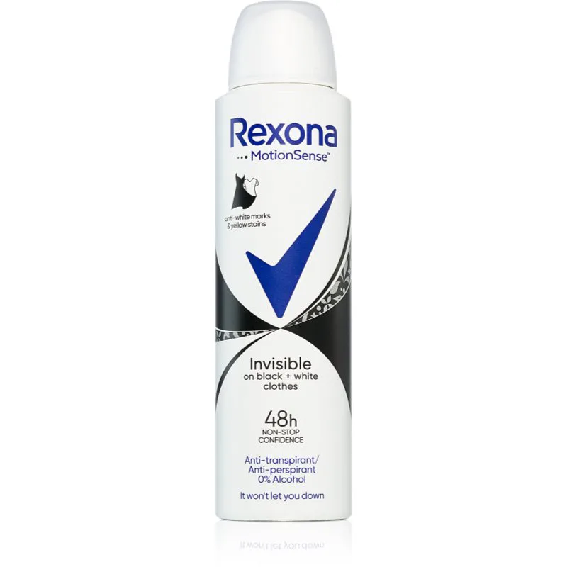 Rexona Invisible Black and White αποσμητικό σε σπρέι για την αντιμετώπιση των λευκών και κίτρινων κηλίδων 150 ml