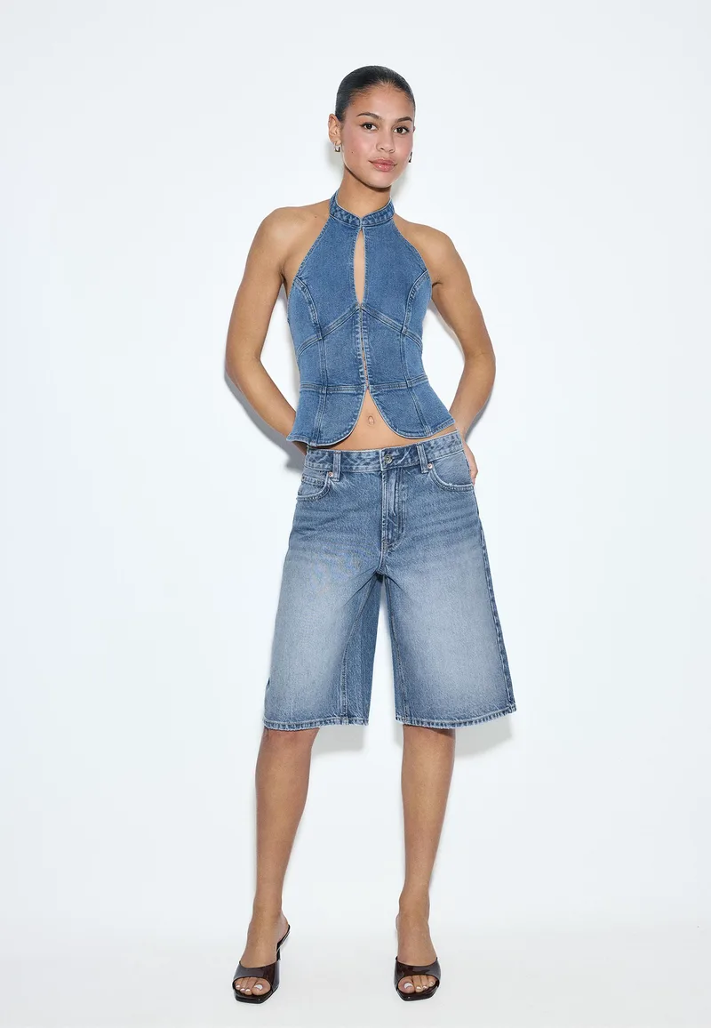 Stradivarius Βερμούδα Baggy Denim Γαλάζιο 38