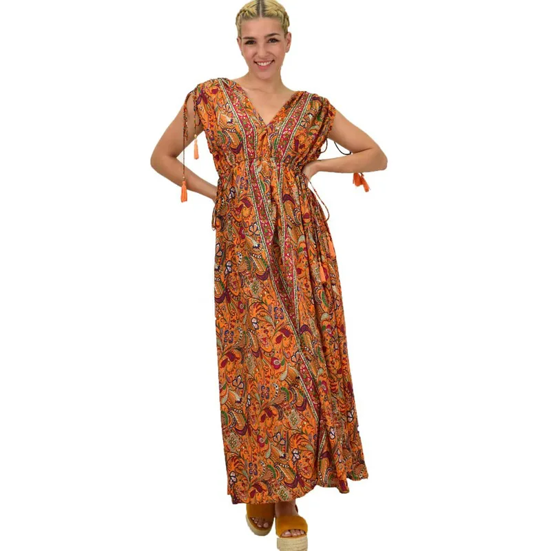 Γυναικείο μεταξωτό boho φόρεμα με κρόσια Πορτοκαλί 21198