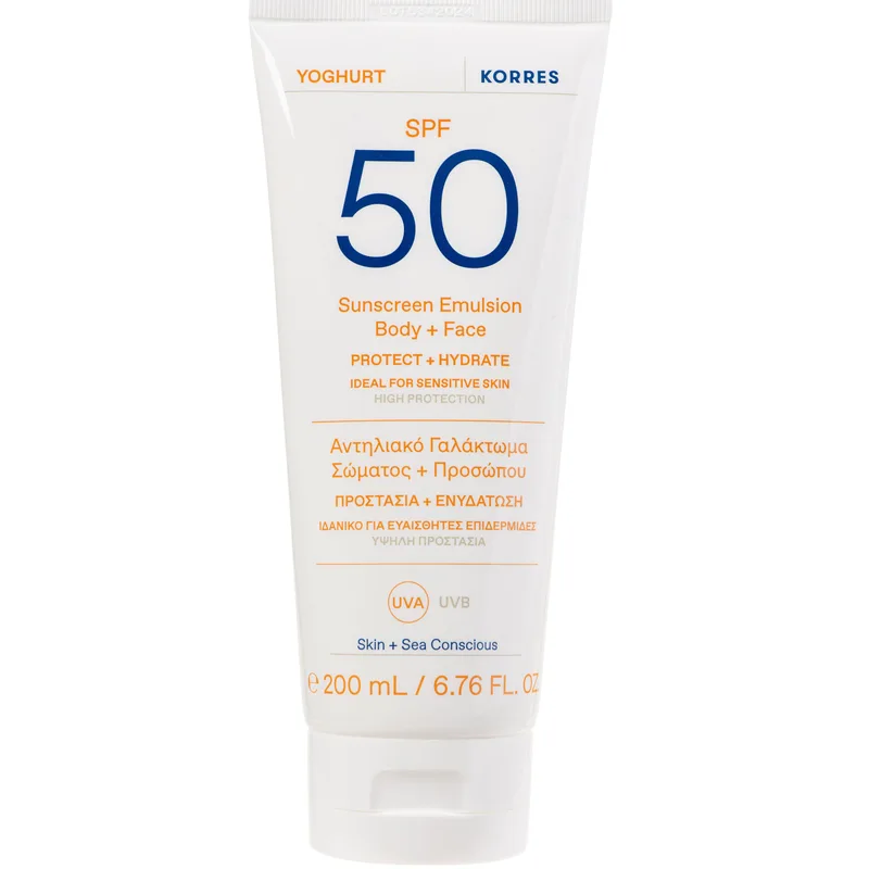Korres Yoghurt Sunscreen Emulsion for Face & Body Spf50 Αντηλιακό Γαλάκτωμα Προσώπου - Σώματος Υψηλής Προστασίας, Κατάλληλο για Ευαίσθητες Επιδερμίδες 200ml