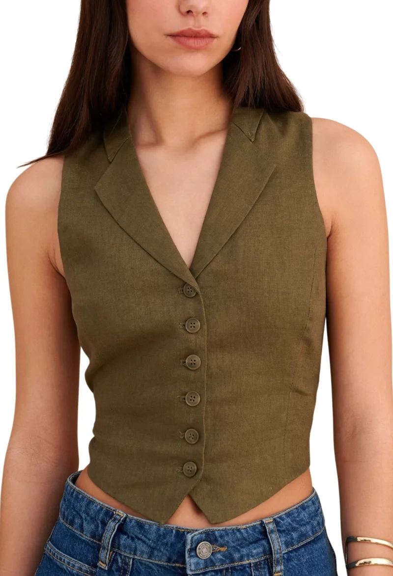 Γιλέκο Attrattivo Λινό Με Δέσιμο Πίσω 9923001-KHAKI Γυναικείο
