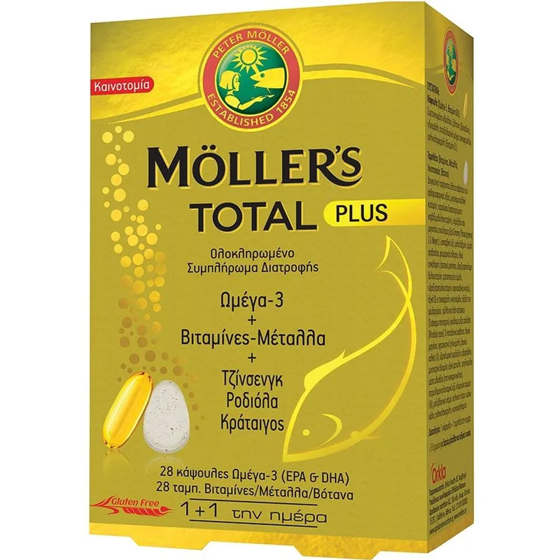 Moller's Total Plus Συμπλήρωμα Διατροφής με Ωμέγα 3, Βιταμίνες-Μέταλλα & 3 Βότανα για Τόνωση του Οργανισμού 28caps + 28tabs