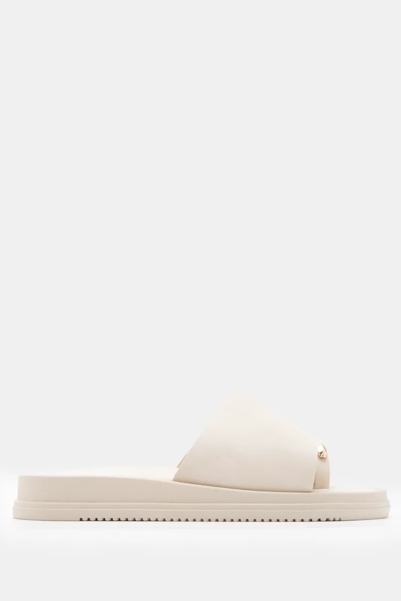 Σανδάλια Thong Flatform με Μεταλλική Λεπτομέρεια - Μπεζ