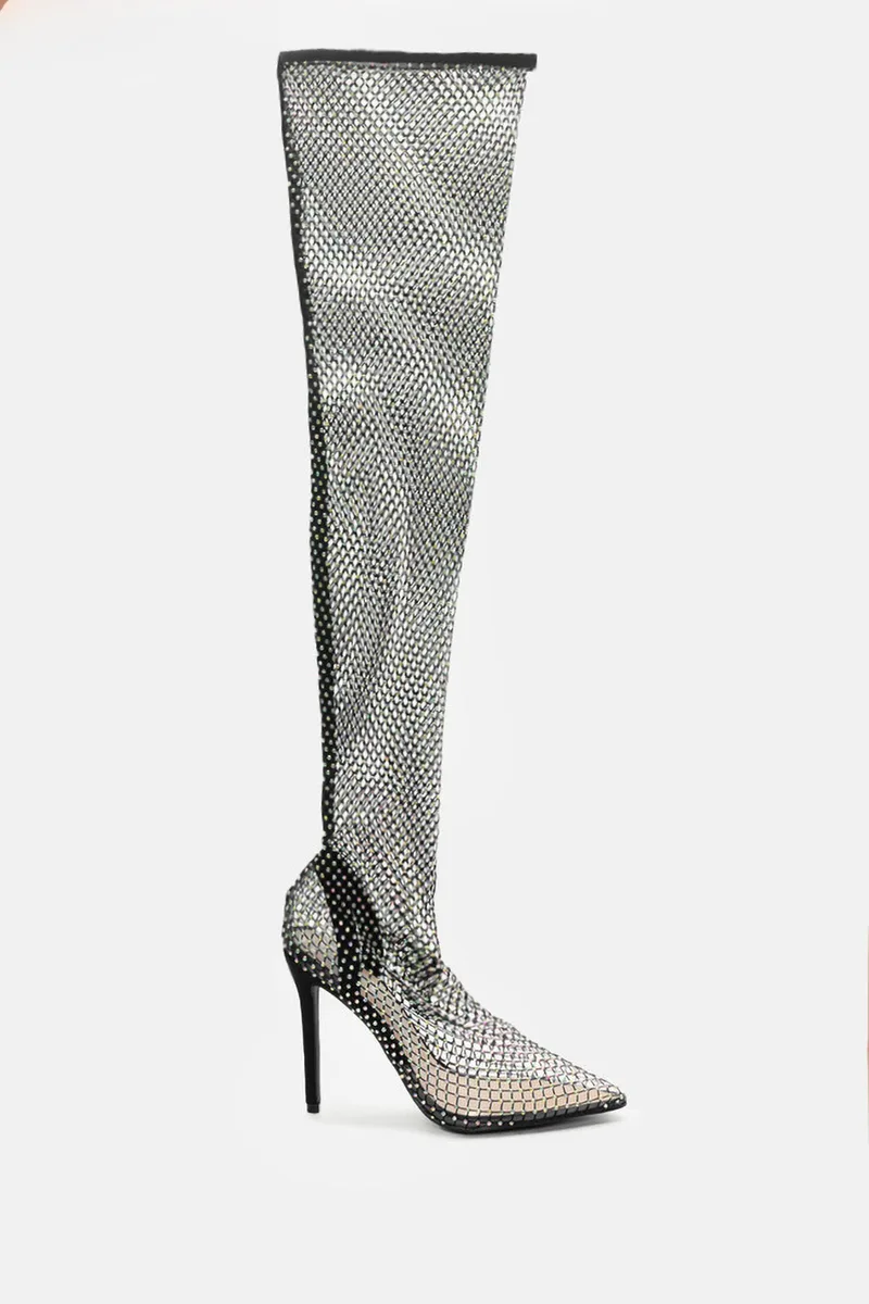 Μπότες Over the Knee Διχτυωτές με Strass - Μαύρο