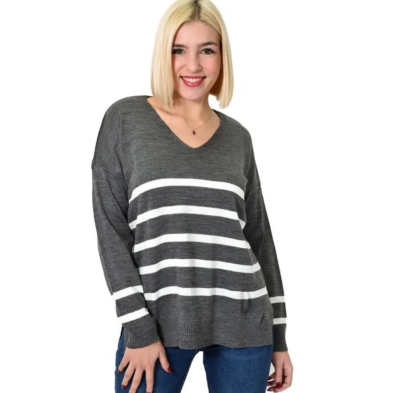 Πλεκτή μπλούζα ριγέ oversized Ανθρακί 22859
