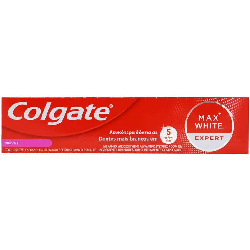 Colgate Max White Expert Original Toothpaste Λευκαντική Οδοντόκρεμα που Απομακρύνει τους Χρωματικούς Λεκέδες Χαρίζοντας 1 Τόνο Λευκότερα Δόντια σε Μία Εβδομάδα 75ml