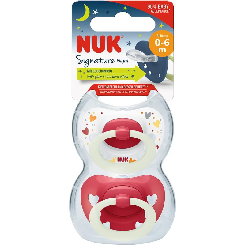 Nuk Signature Night Silicone Soother 0-6m Ορθοδοντική Πιπίλα Σιλικόνης με Κρίκο που Λάμπει στο Σκοτάδι 2 Τεμάχια - Κόκκινο