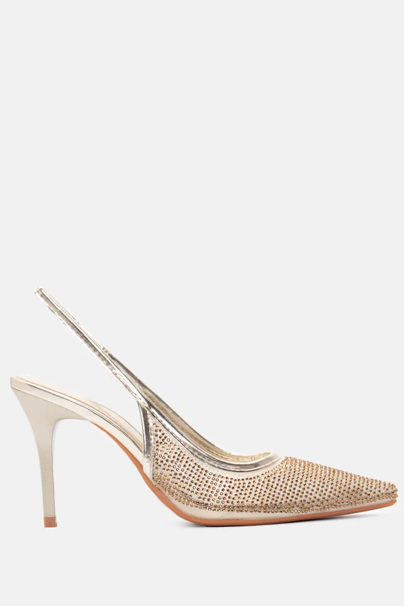 Γόβες Μυτερές Open Heel με Strass - Χρυσό