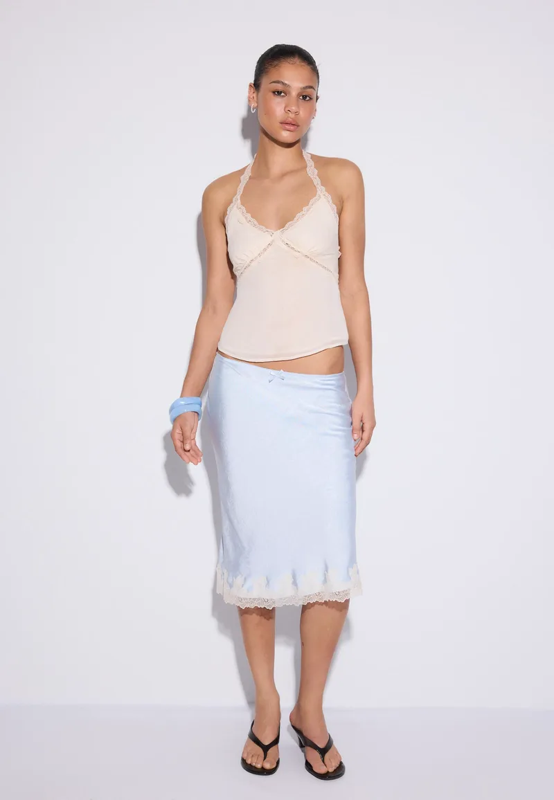 Stradivarius Τοπ Halter Με Δαντέλα Εκρού M
