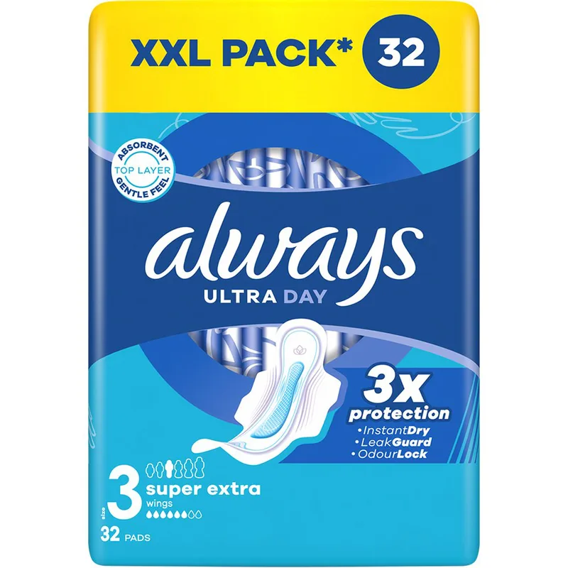 Always Ultra Day Super Extra Size 3 Wings Pads Σερβιέτες Μεγάλου Μεγέθους με Φτερά για Άνεση & Προστασία Όλη τη Μέρα 32 Τεμάχια