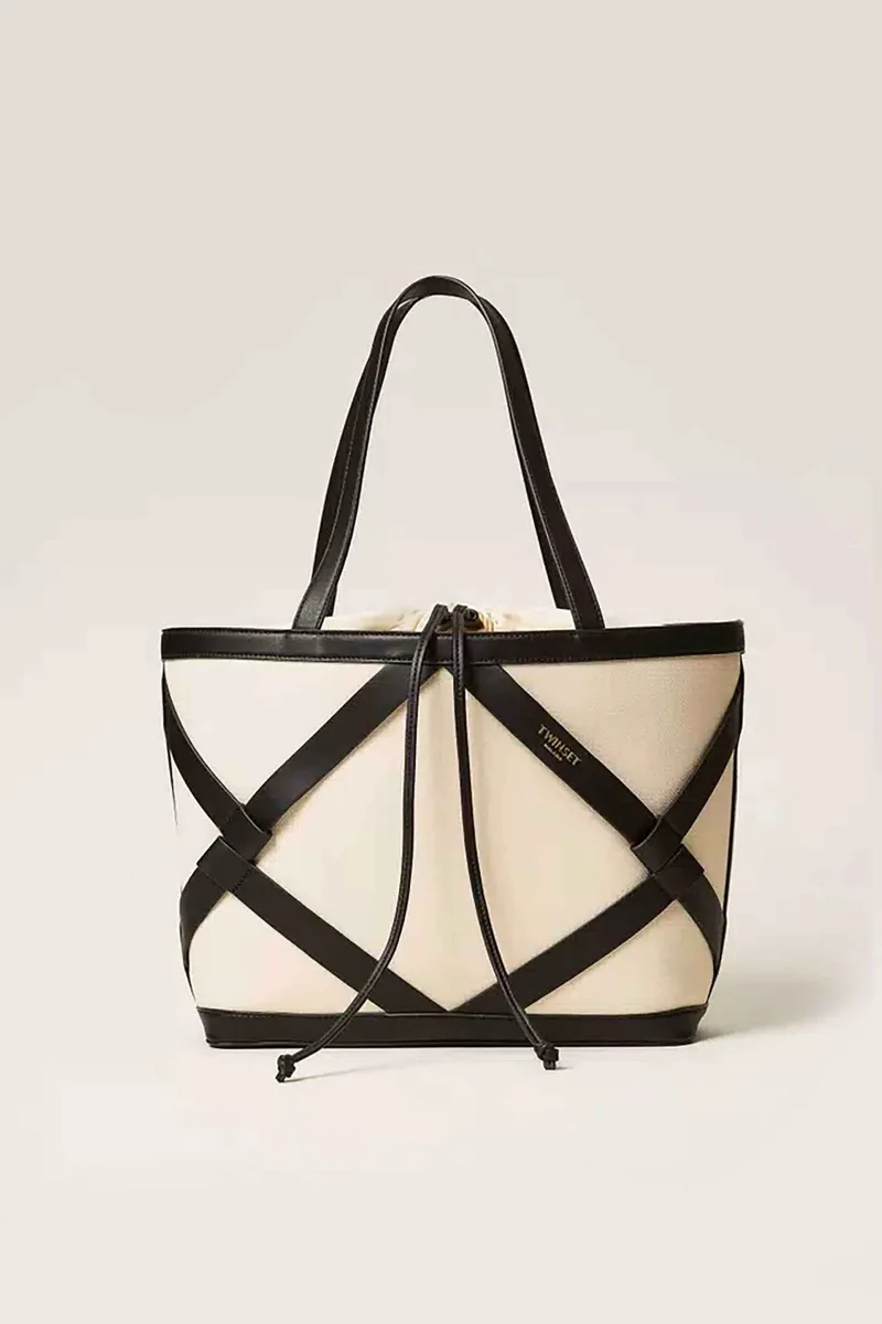 Twinset γυναικεία τσάντα ώμου shopper με φινίρισμα από δέρμα - 261TB7271 Ασπρόμαυρο