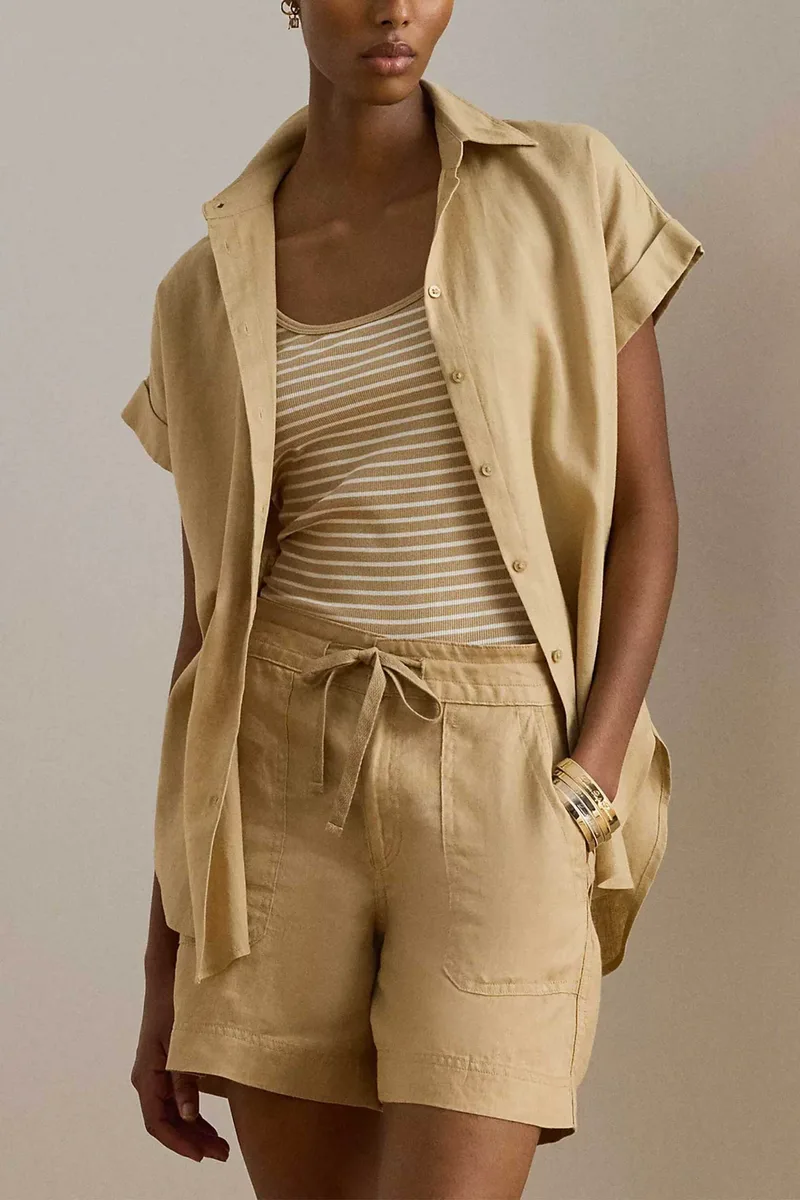 Lauren Ralph Lauren γυναικείο λινό πουκάμισο με κοντό μανίκι Relaxed Fit - 200699152052 Μπεζ