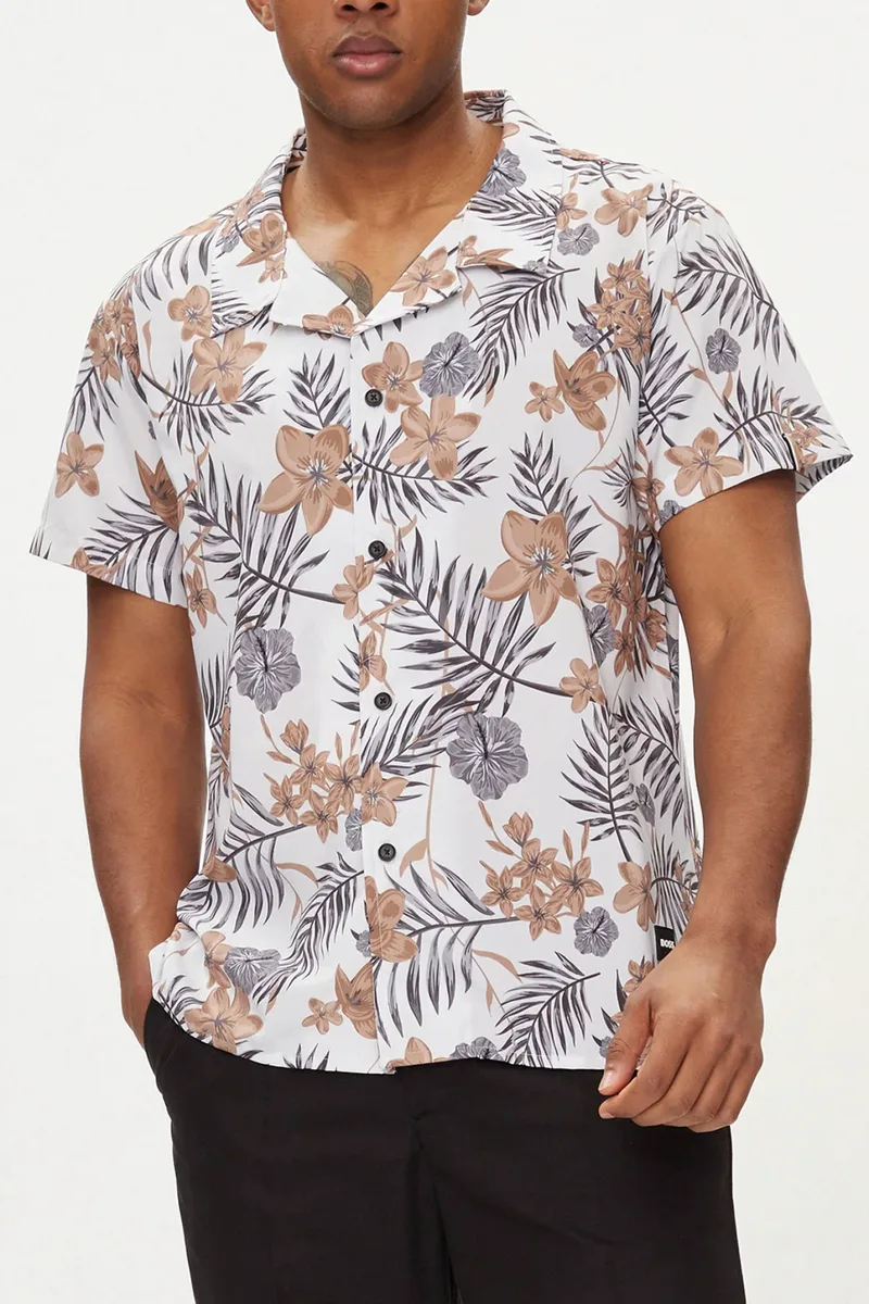 BOSS BEACHWEAR ΠΟΥΚΑΜΙΣΟ BEACH SHIRT ΦΛΟΡΑΛ ΛΕΥΚΟ