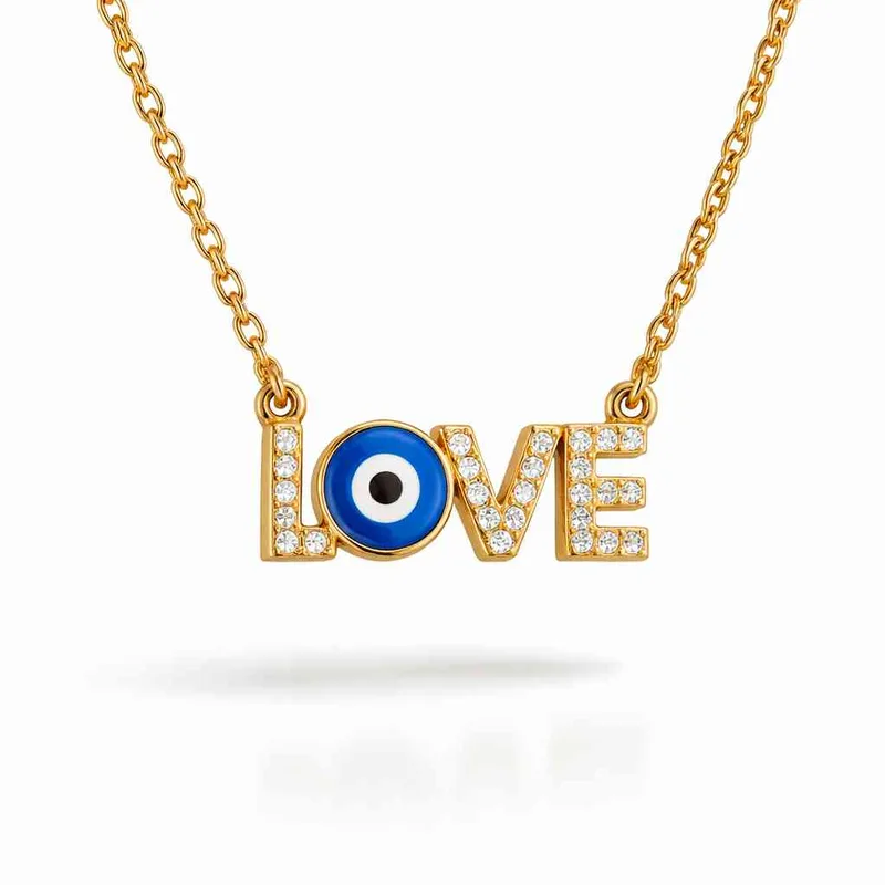 Επιχρυσωμένο Ασημένιο Κολιέ 925 "LOVE" με Μάτι & Λευκά Ζιργκόν –Αγάπη & Προστασία