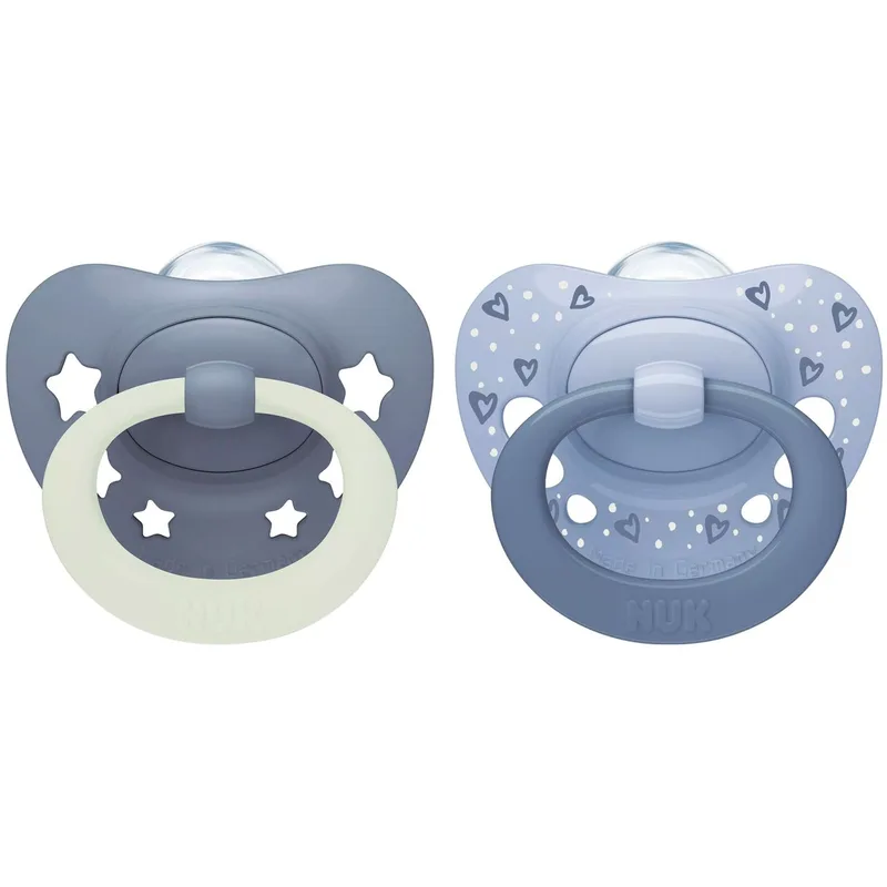 Nuk First Choice Classic Day & Night Silicone Soother 18-36m Ορθοδοντική Πιπίλα Σιλικόνης 2 Τεμάχια - Μπλε - Γκρι