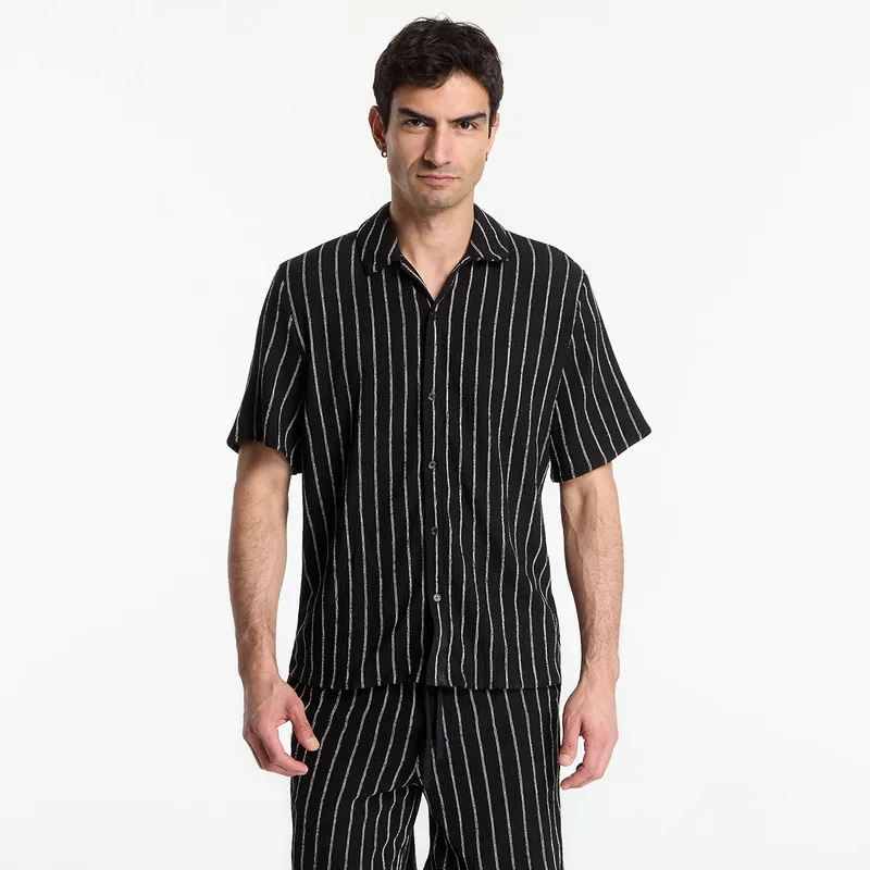 Πουκάμισο Urban Classics Striped Crinkle Resort Shirt Black/ Off White M